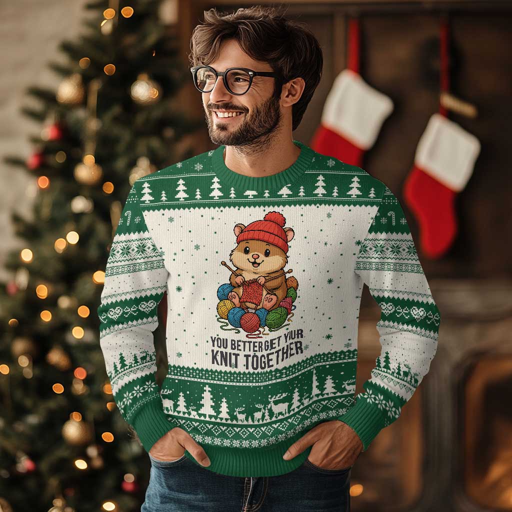 Cute Hamster Knitting Ugly Christmas Sweater You Better Get Your Knit Together TS12 Beige Green Print Your Wear