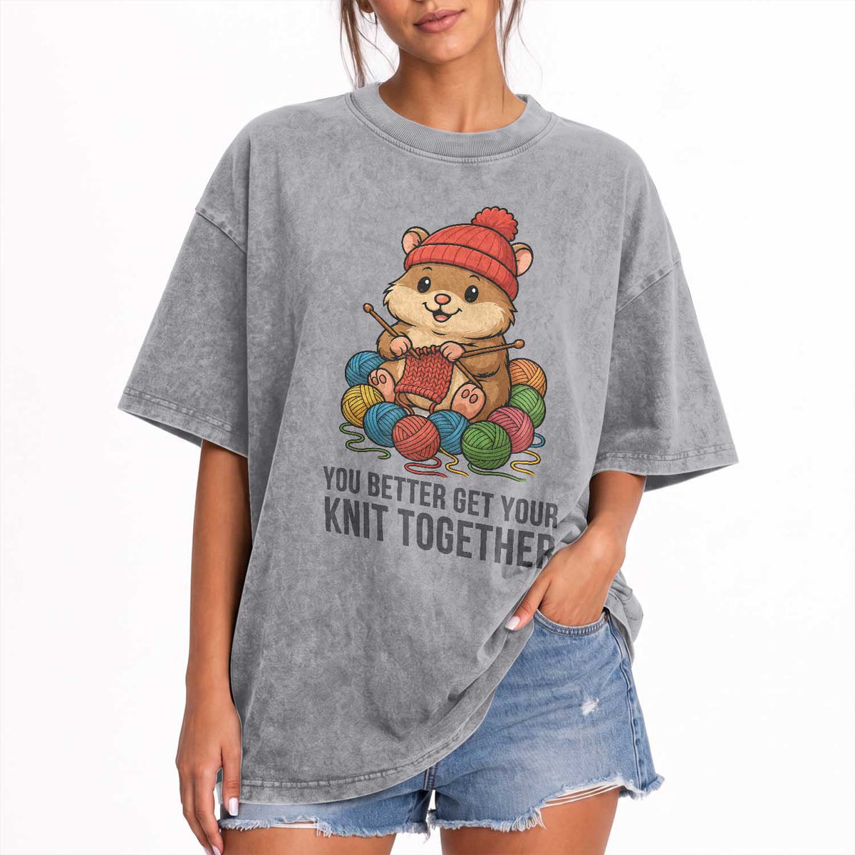 Cute Hamster Knitting Washed Cotton T-Shirt You Better Get Your Knit Together