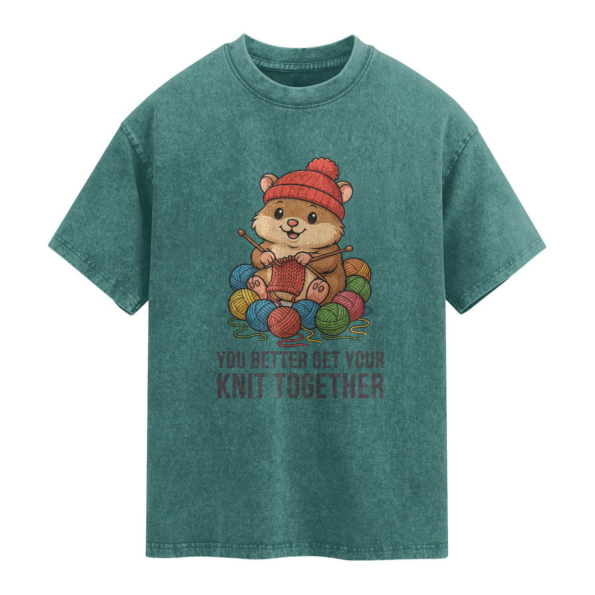 Cute Hamster Knitting Washed Cotton T-Shirt You Better Get Your Knit Together