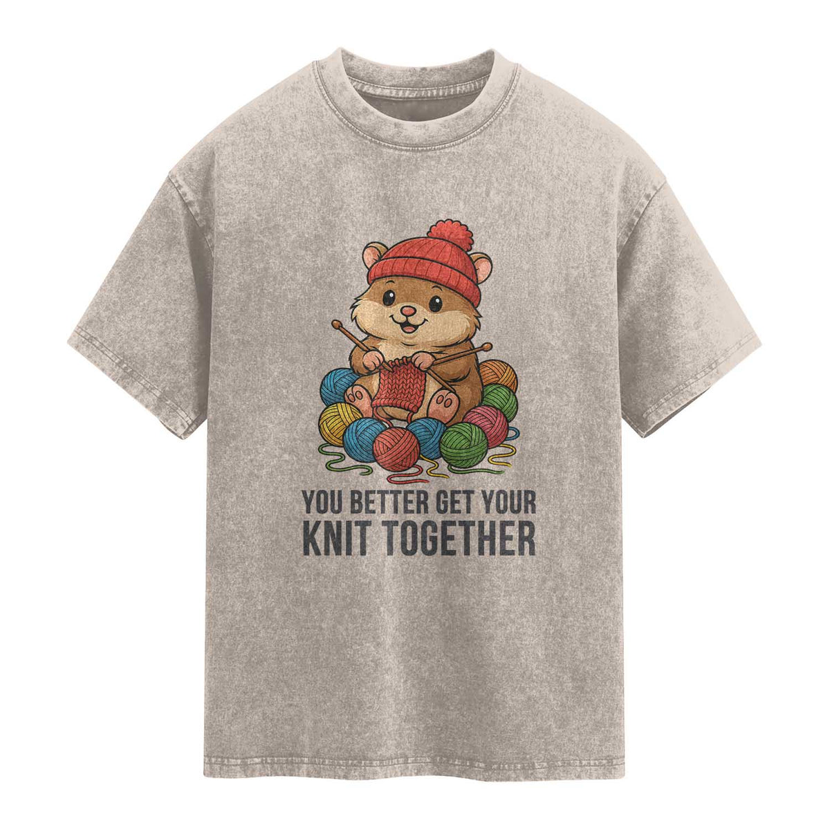 Cute Hamster Knitting Washed Cotton T-Shirt You Better Get Your Knit Together