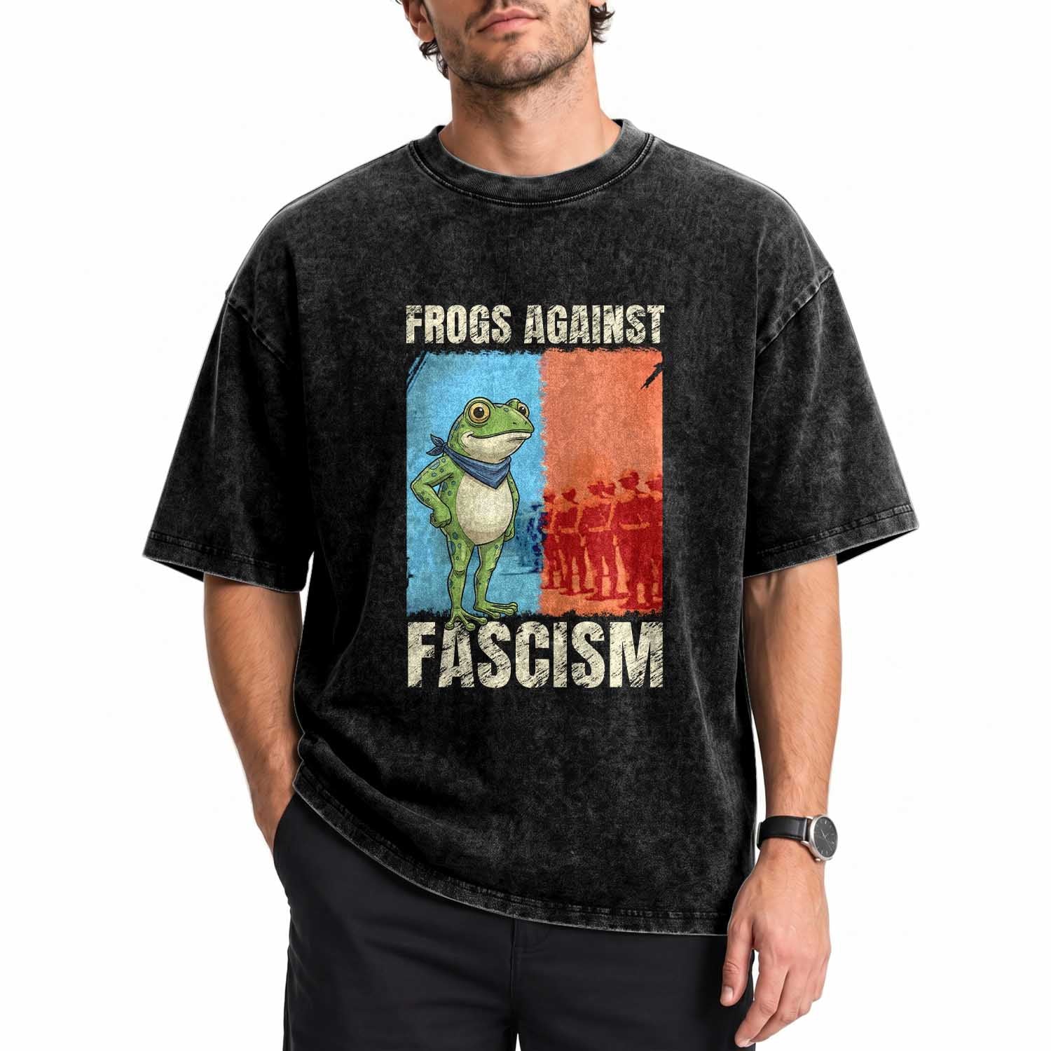 Frogs Against Fascism Washed Cotton T-Shirt Portland Protest Vintage Meme Gift