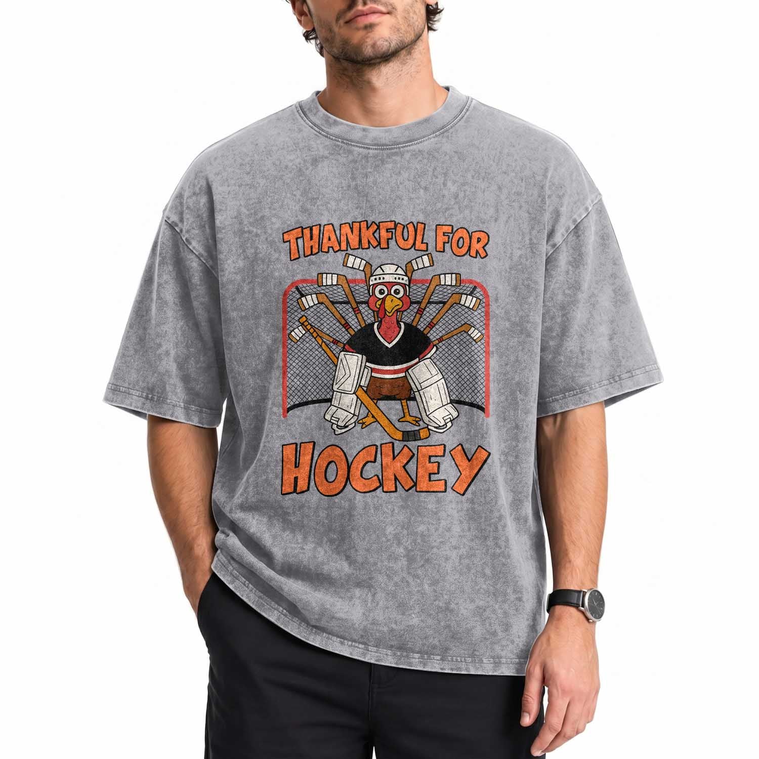 Thankful For Hockey Washed Cotton T-Shirt Funny Turkey Ice Hockey Player Gift