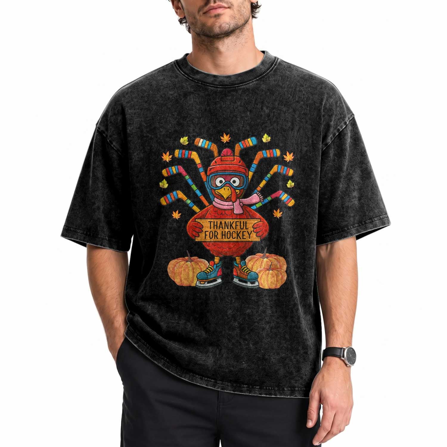 Funny Turkey Ice Hockey Gift Washed Cotton T-Shirt Thankful For Hockey