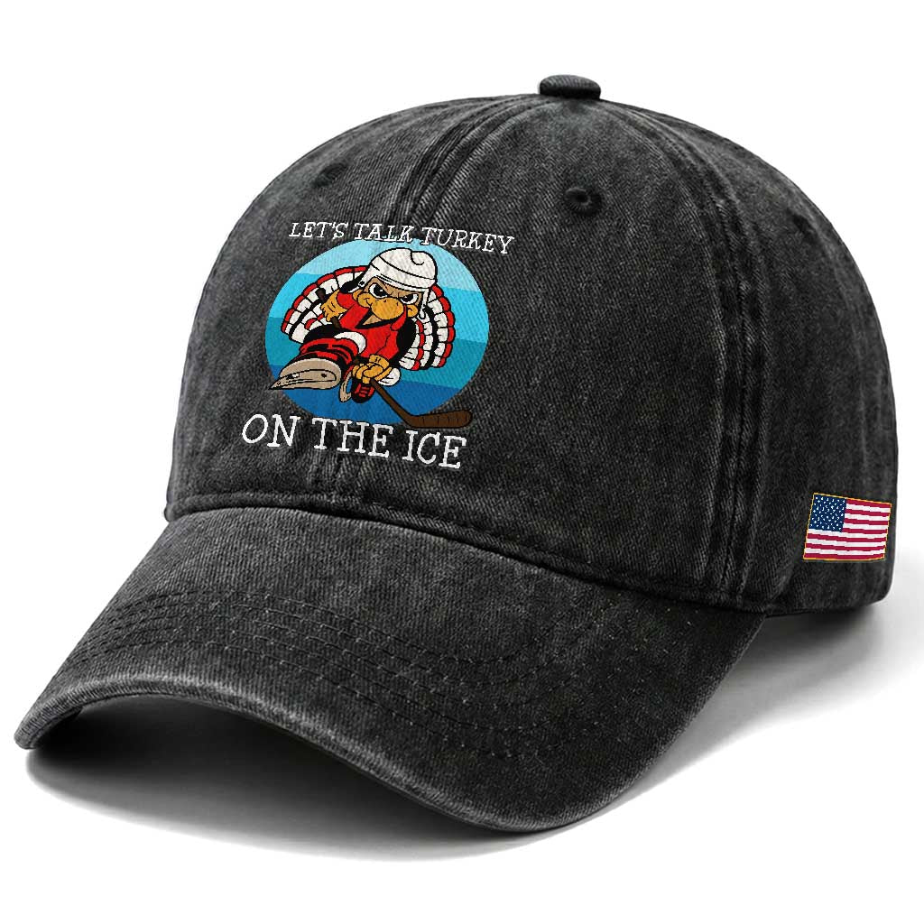 Lets Talk Turkey On The Ice Washed Cotton Baseball Cap Retro Ocean Blue Ice Hockey Gift TS12 Print Your Wear