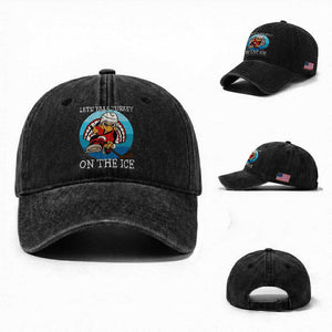 Lets Talk Turkey On The Ice Washed Cotton Baseball Cap Retro Ocean Blue Ice Hockey Gift TS12 Washed Cap Universal Fit Black Print Your Wear