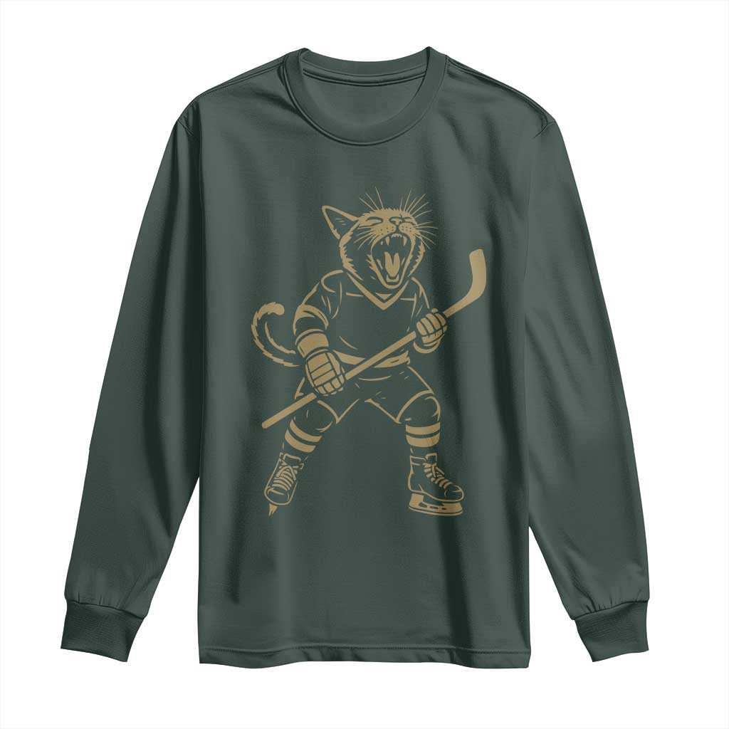 Vintage Cat Playing Hockey Long Sleeve Shirt Kitten Lover Player Gift TS12 Dark Forest Green Print Your Wear