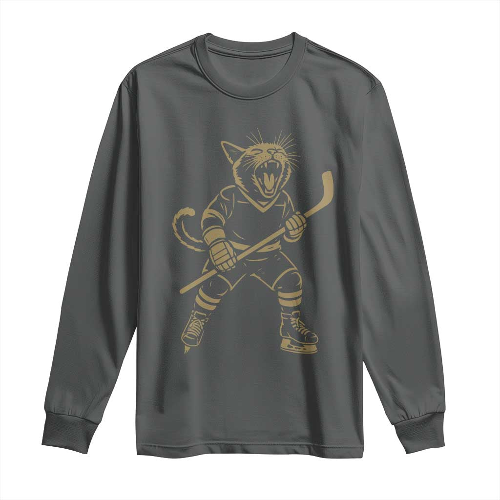 Vintage Cat Playing Hockey Long Sleeve Shirt Kitten Lover Player Gift TS12 Dark Heather Print Your Wear