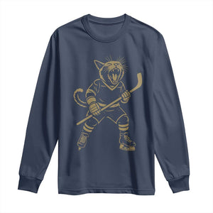 Vintage Cat Playing Hockey Long Sleeve Shirt Kitten Lover Player Gift TS12 Navy Print Your Wear