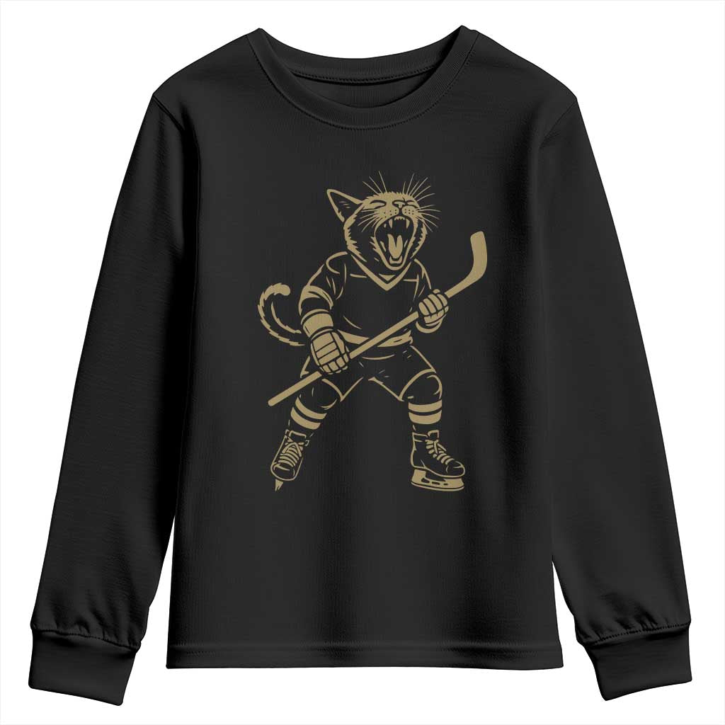 Vintage Cat Playing Hockey Youth Sweatshirt Kitten Lover Player Gift TS12 Black Print Your Wear