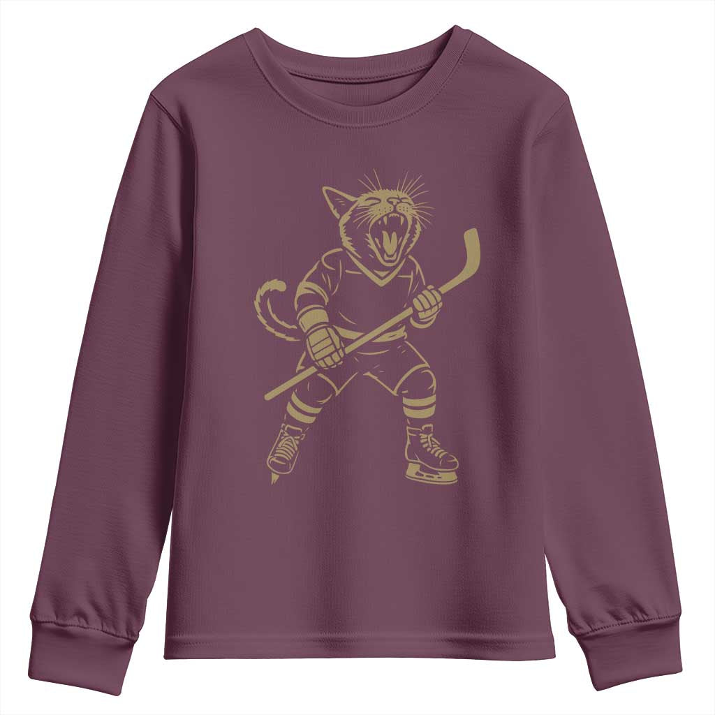 Vintage Cat Playing Hockey Youth Sweatshirt Kitten Lover Player Gift TS12 Maroon Print Your Wear