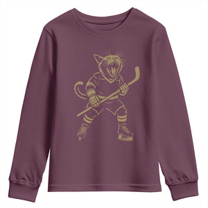 Vintage Cat Playing Hockey Youth Sweatshirt Kitten Lover Player Gift TS12 Maroon Print Your Wear