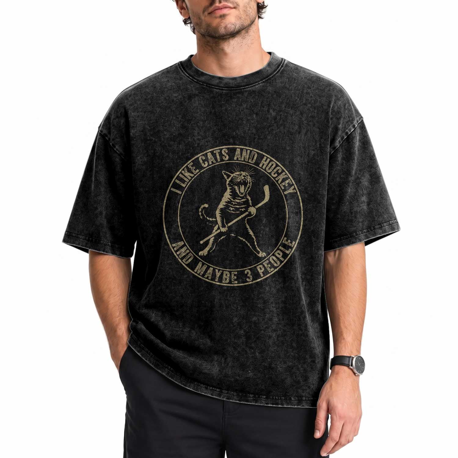 Vintage I Like Cats And Hockey And Maybe Three People Funny Gift Washed Cotton T-Shirt