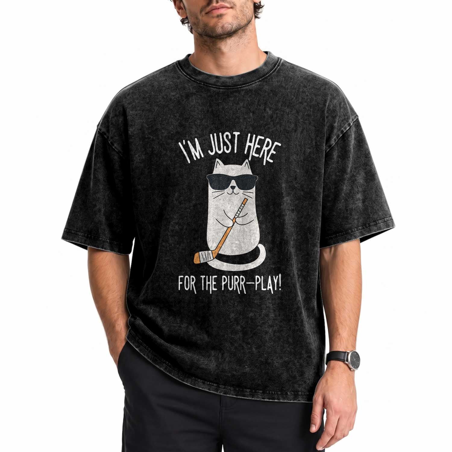 Im Just Here For The Purr Play Washed Cotton T-Shirt Funny Cat Hockey Gift