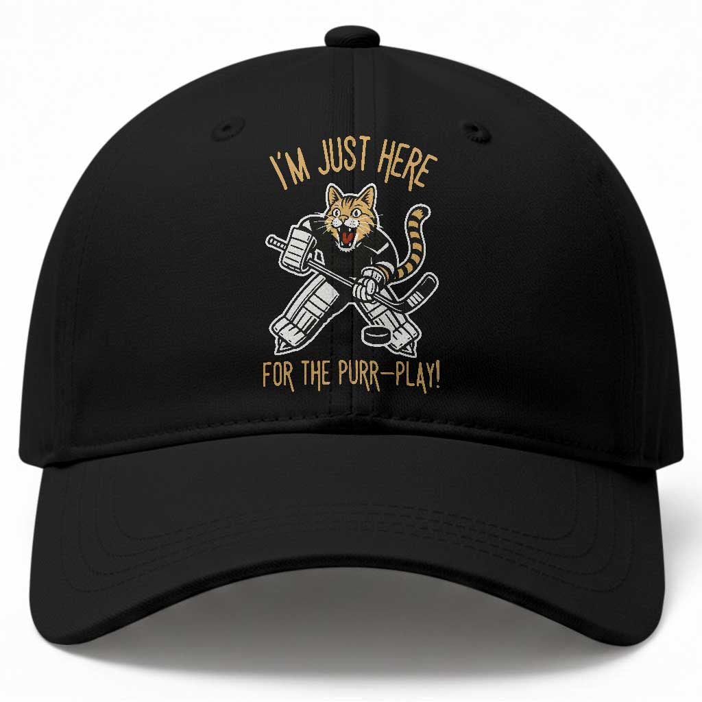 Vintage Cat Hockey Goalie Baseball Cap Funny Im Just Here For The Purr Play Gift TS12 Print Your Wear