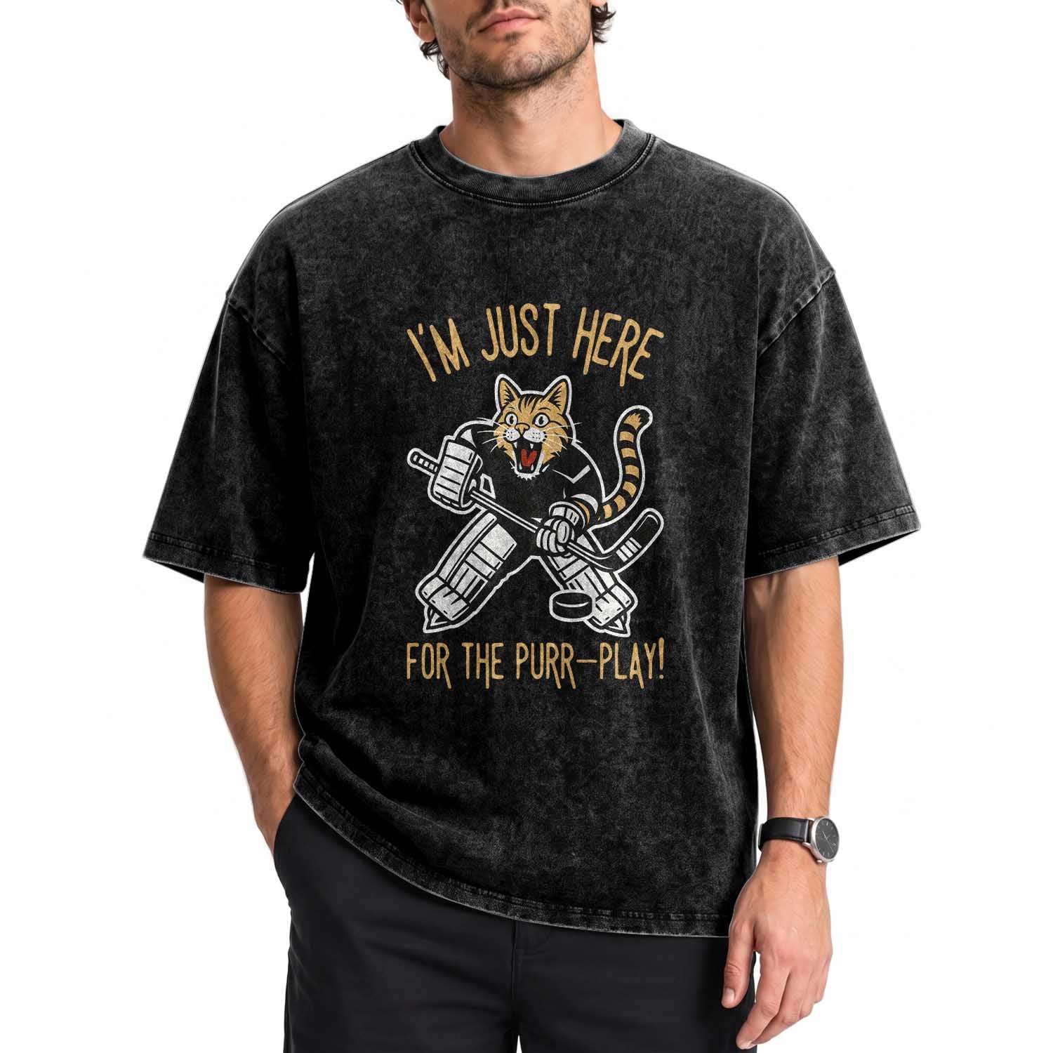 Vintage Cat Hockey Goalie Washed Cotton T-Shirt Funny Im Just Here For The Purr Play Gift