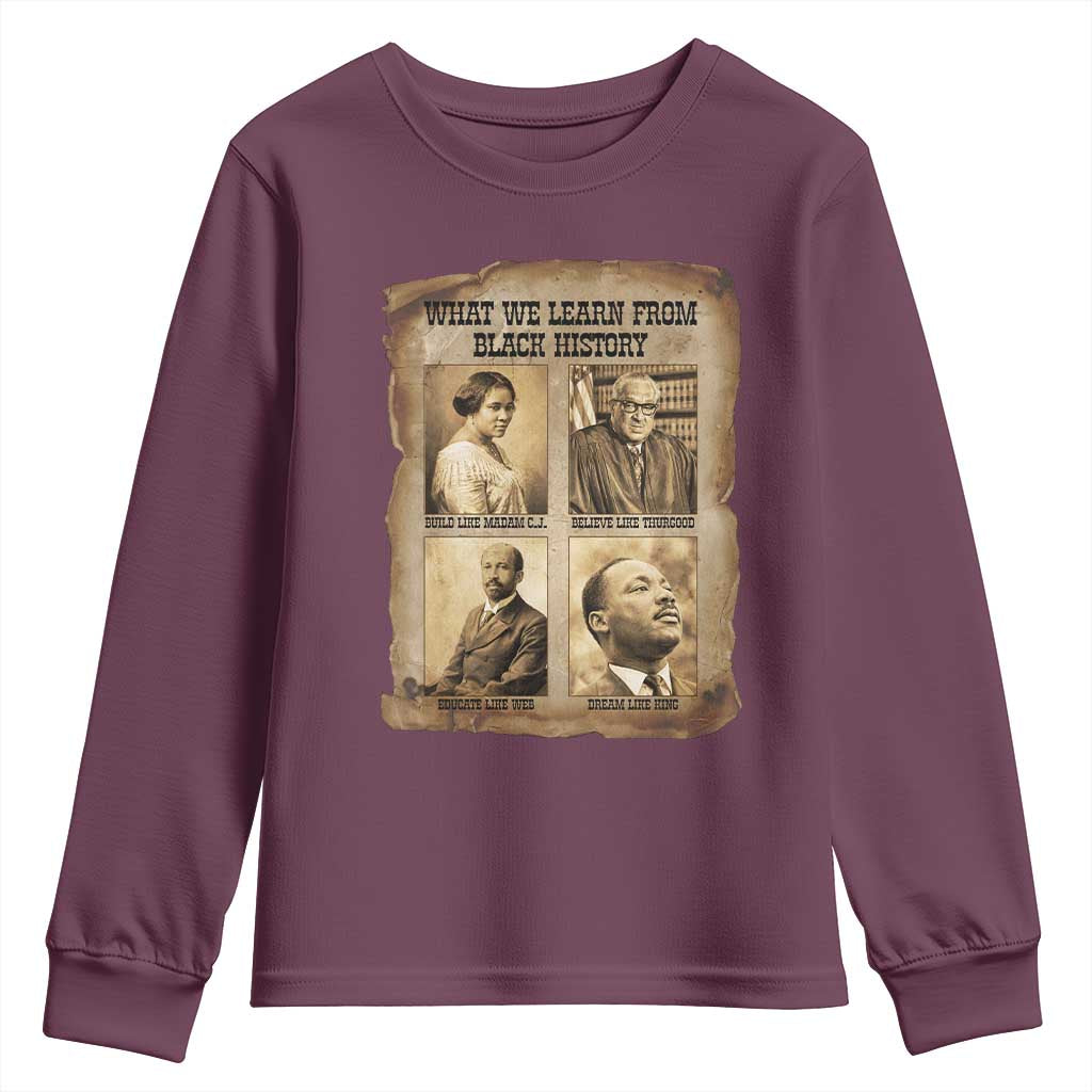 What We Learn From Black History Youth Sweatshirt Iconic African American Figures TS12 Maroon Print Your Wear