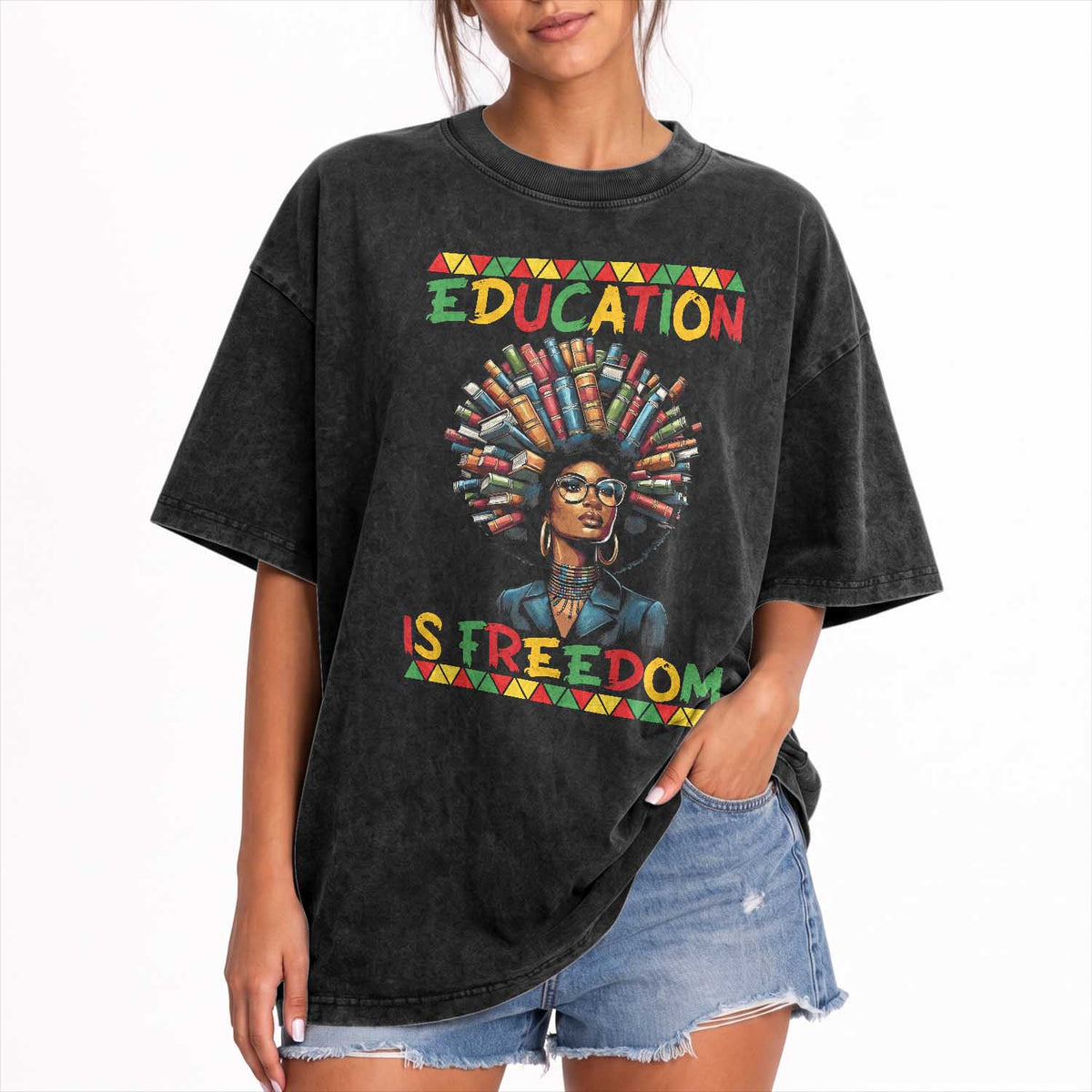 Education Is Freedom Washed Cotton T-Shirt Black History Month Gift For Teachers