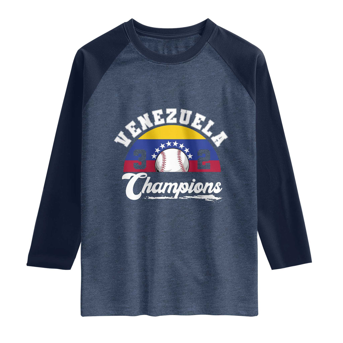 Venezuela 2026 Champions Raglan Shirt Baseball Patriotic Pride TS12 Heather Denim Navy Print Your Wear