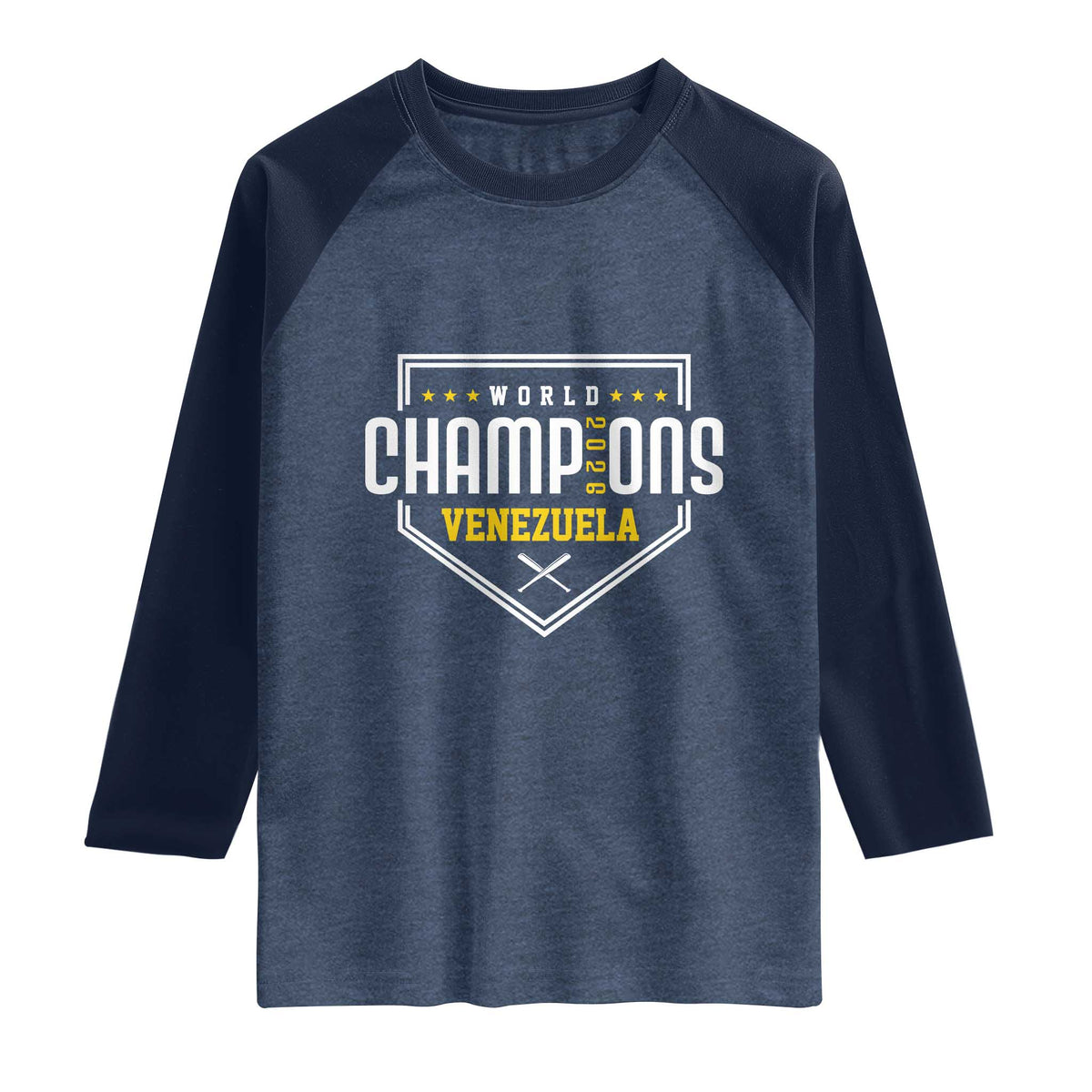 Venezuela 2026 Champions Raglan Shirt Baseball Venezuelan Pride TS12 Heather Denim Navy Print Your Wear