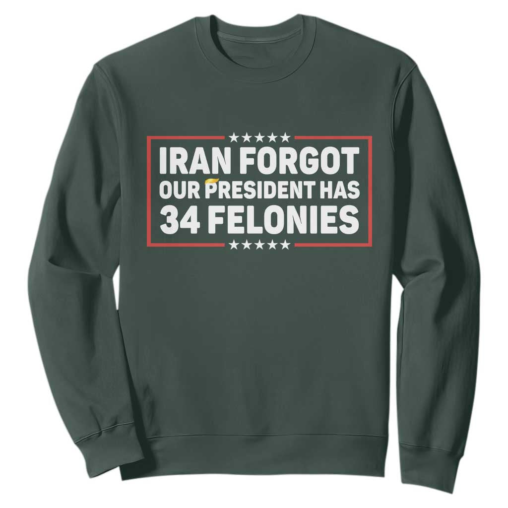 Iran Forgot Our President Has 34 Felonies Sweatshirt Political Protest TS12 Dark Forest Green Print Your Wear