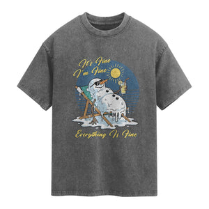 Melting Snowman Christmas In July Washed Cotton T-Shirt It Is Fine Everything Is Fine