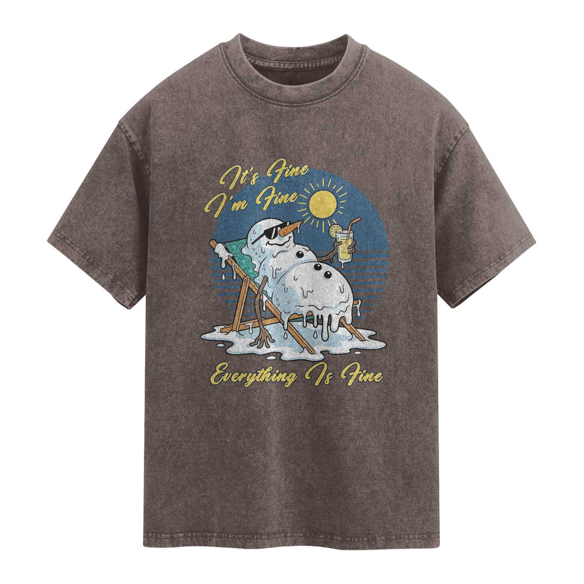 Melting Snowman Christmas In July Washed Cotton T-Shirt It Is Fine Everything Is Fine