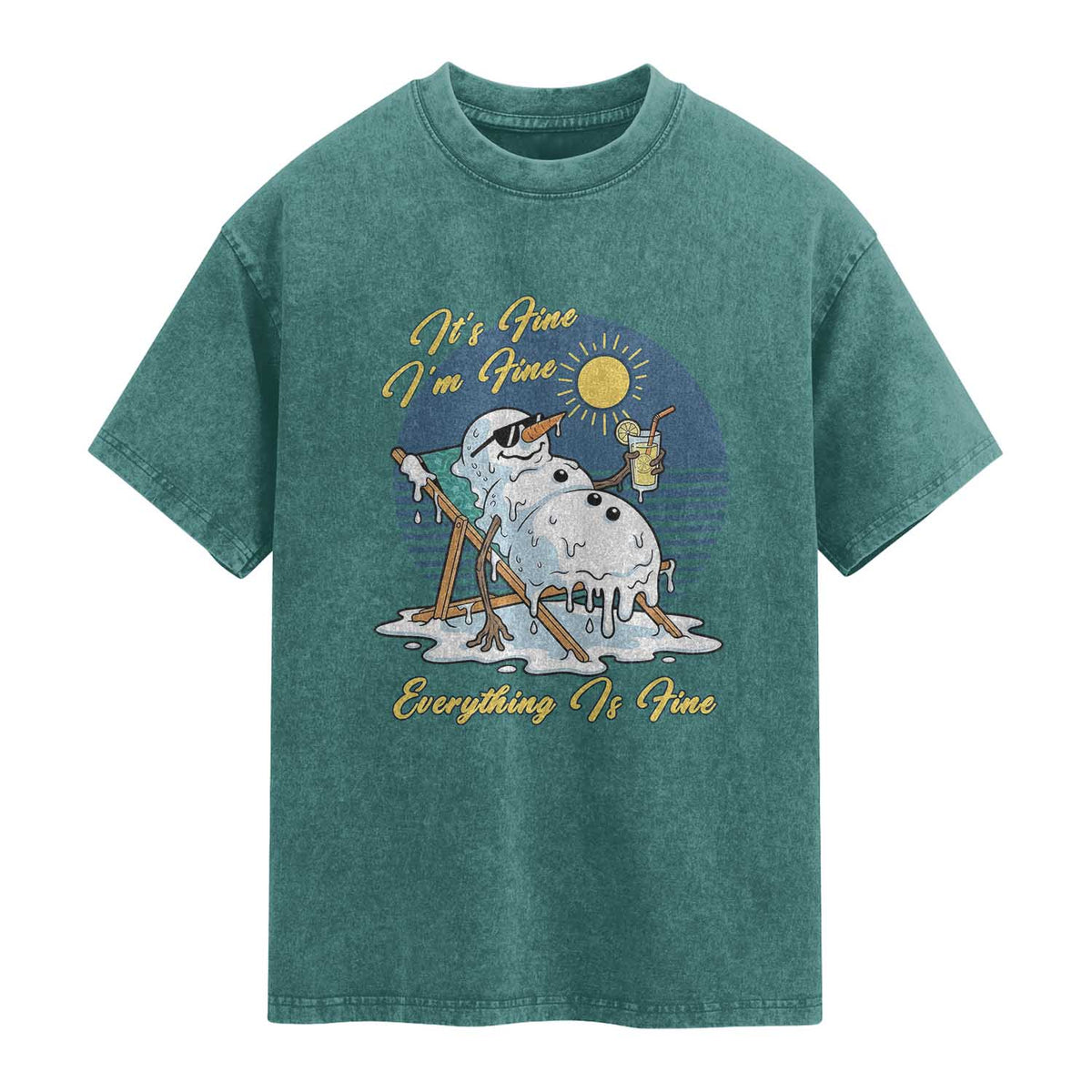 Melting Snowman Christmas In July Washed Cotton T-Shirt It Is Fine Everything Is Fine