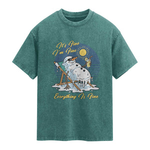 Melting Snowman Christmas In July Washed Cotton T-Shirt It Is Fine Everything Is Fine