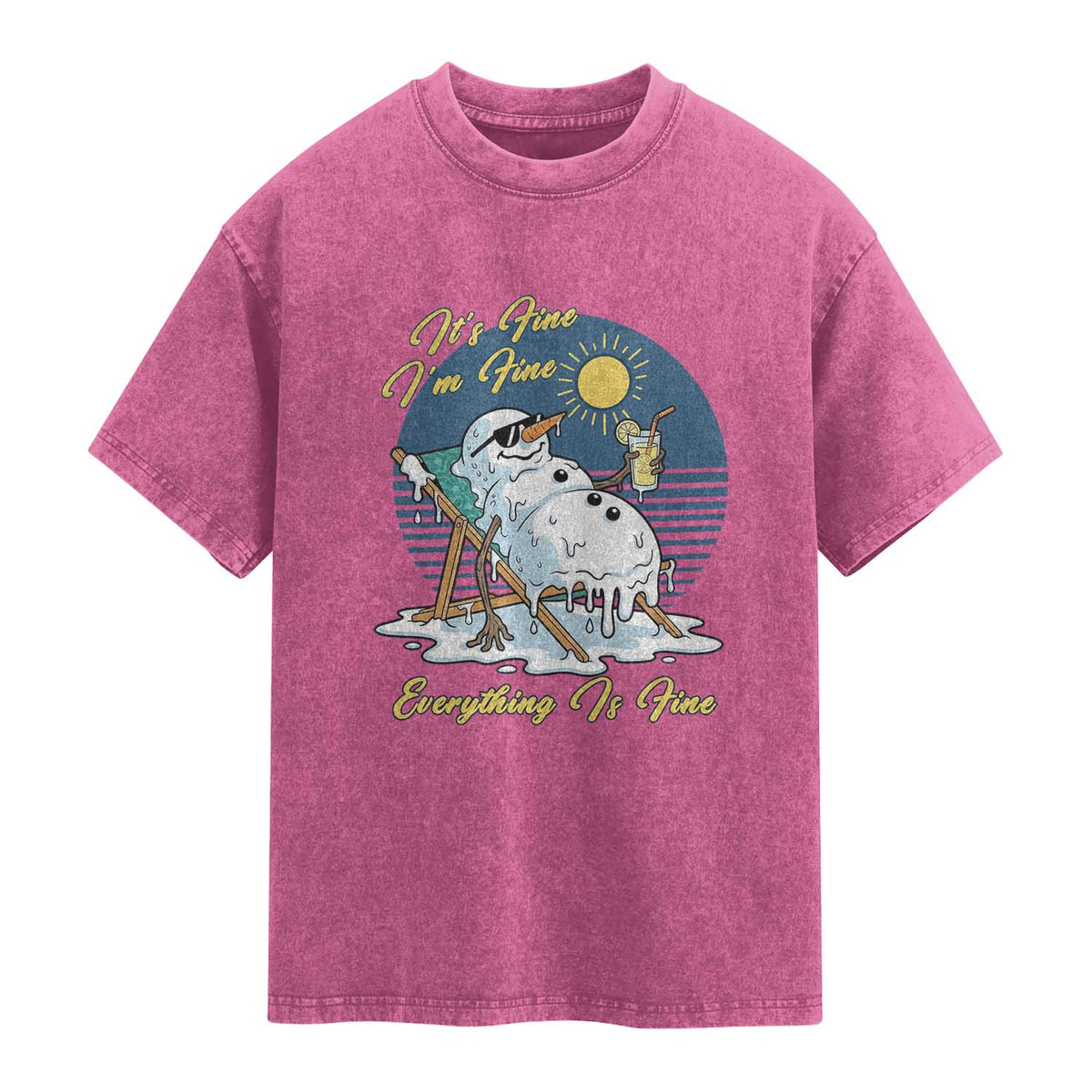 Melting Snowman Christmas In July Washed Cotton T-Shirt It Is Fine Everything Is Fine