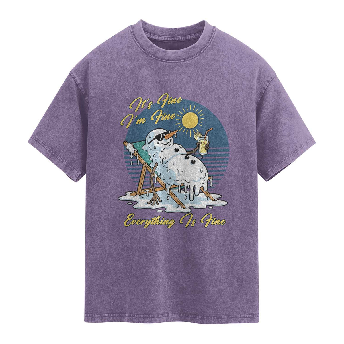 Melting Snowman Christmas In July Washed Cotton T-Shirt It Is Fine Everything Is Fine