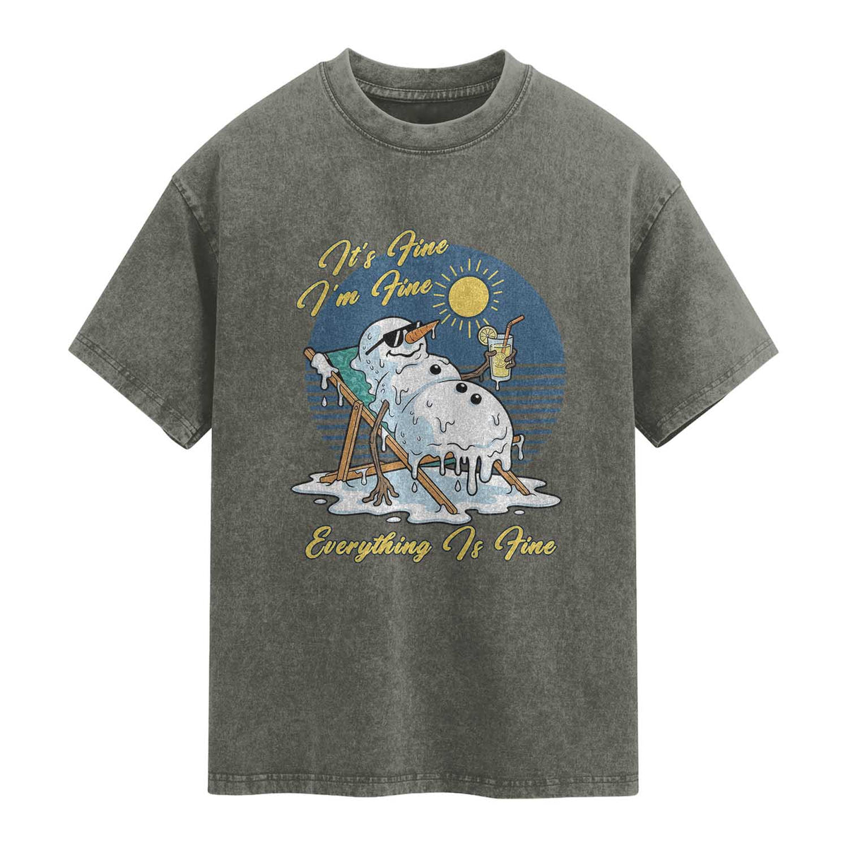 Melting Snowman Christmas In July Washed Cotton T-Shirt It Is Fine Everything Is Fine
