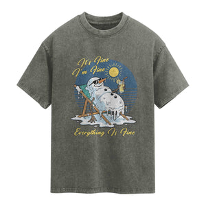 Melting Snowman Christmas In July Washed Cotton T-Shirt It Is Fine Everything Is Fine