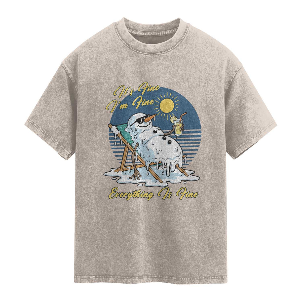 Melting Snowman Christmas In July Washed Cotton T-Shirt It Is Fine Everything Is Fine