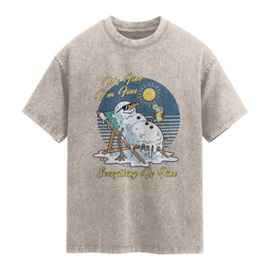 Melting Snowman Christmas In July Washed Cotton T-Shirt It Is Fine Everything Is Fine