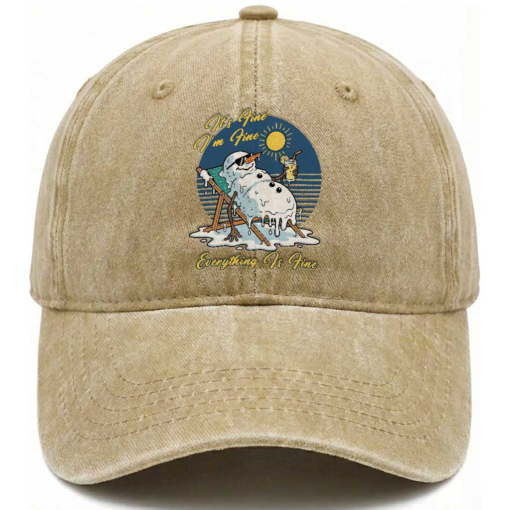 Melting Snowman Christmas In July Washed Cotton Baseball Cap It Is Fine Everything Is Fine TS12 Print Your Wear