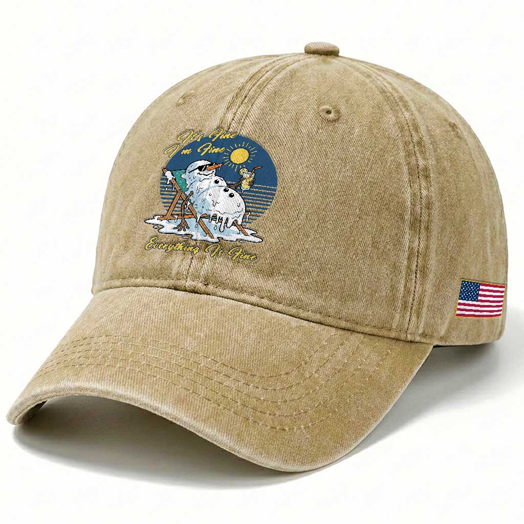 Melting Snowman Christmas In July Washed Cotton Baseball Cap It Is Fine Everything Is Fine TS12 Print Your Wear