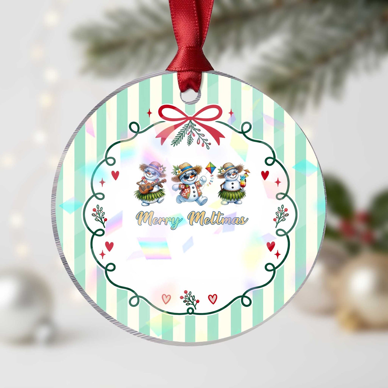 Funny Hawaiian Snowman Summer Graphic Holographic Acrylic Ornament Merry Meltmas