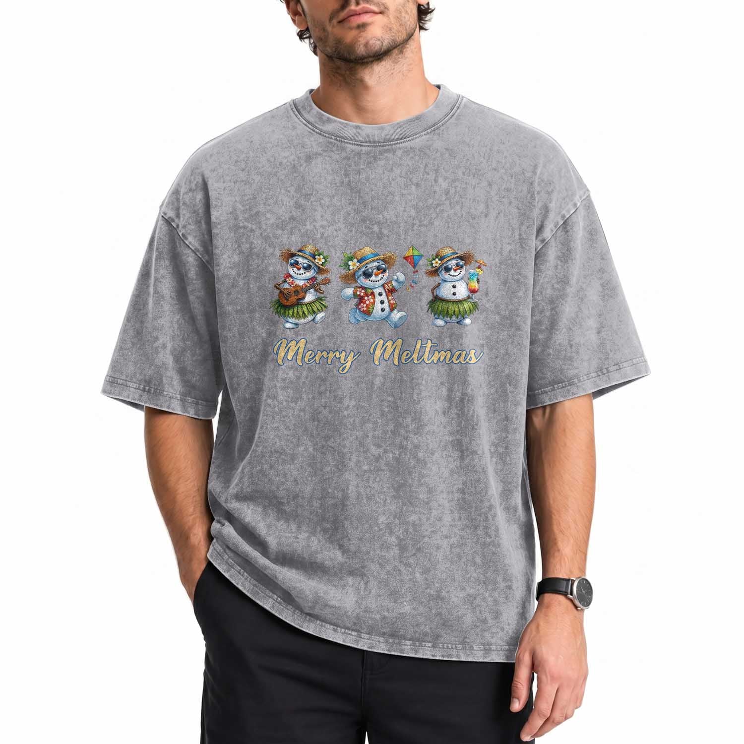 Funny Hawaiian Snowman Summer Graphic Washed Cotton T-Shirt Merry Meltmas