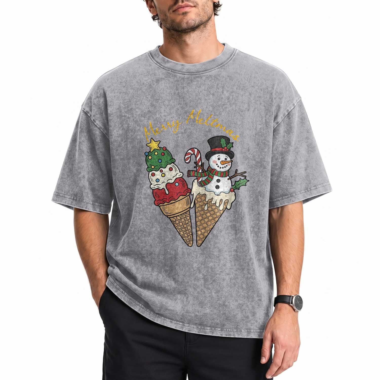 Christmas In July Ice Cream Snowman Graphic Washed Cotton T-Shirt Merry Meltmas