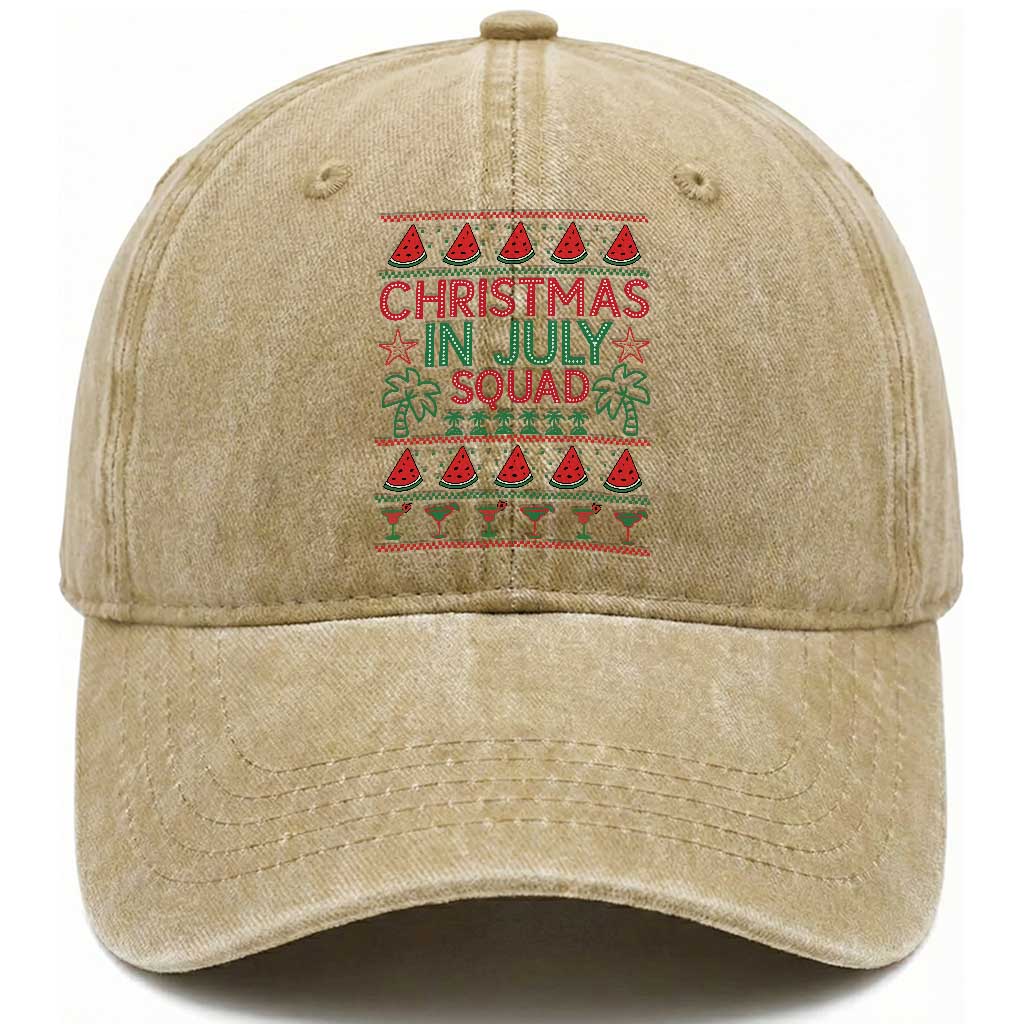 Christmas In July Squad Washed Cotton Baseball Cap Tropical Beach Party Graphic TS12 Print Your Wear