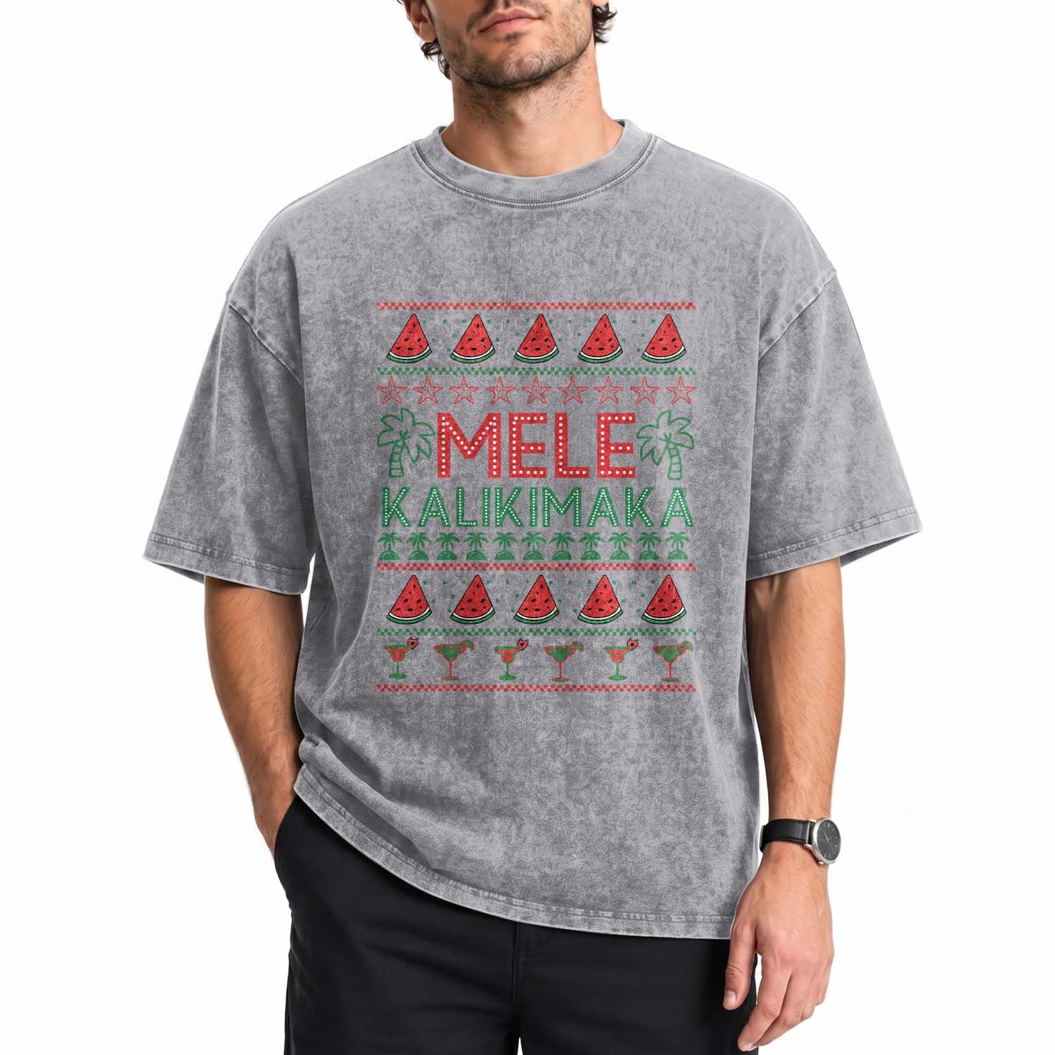 Mele Kalikimaka Washed Cotton T-Shirt Hawaiian Ugly Christmas Sweater