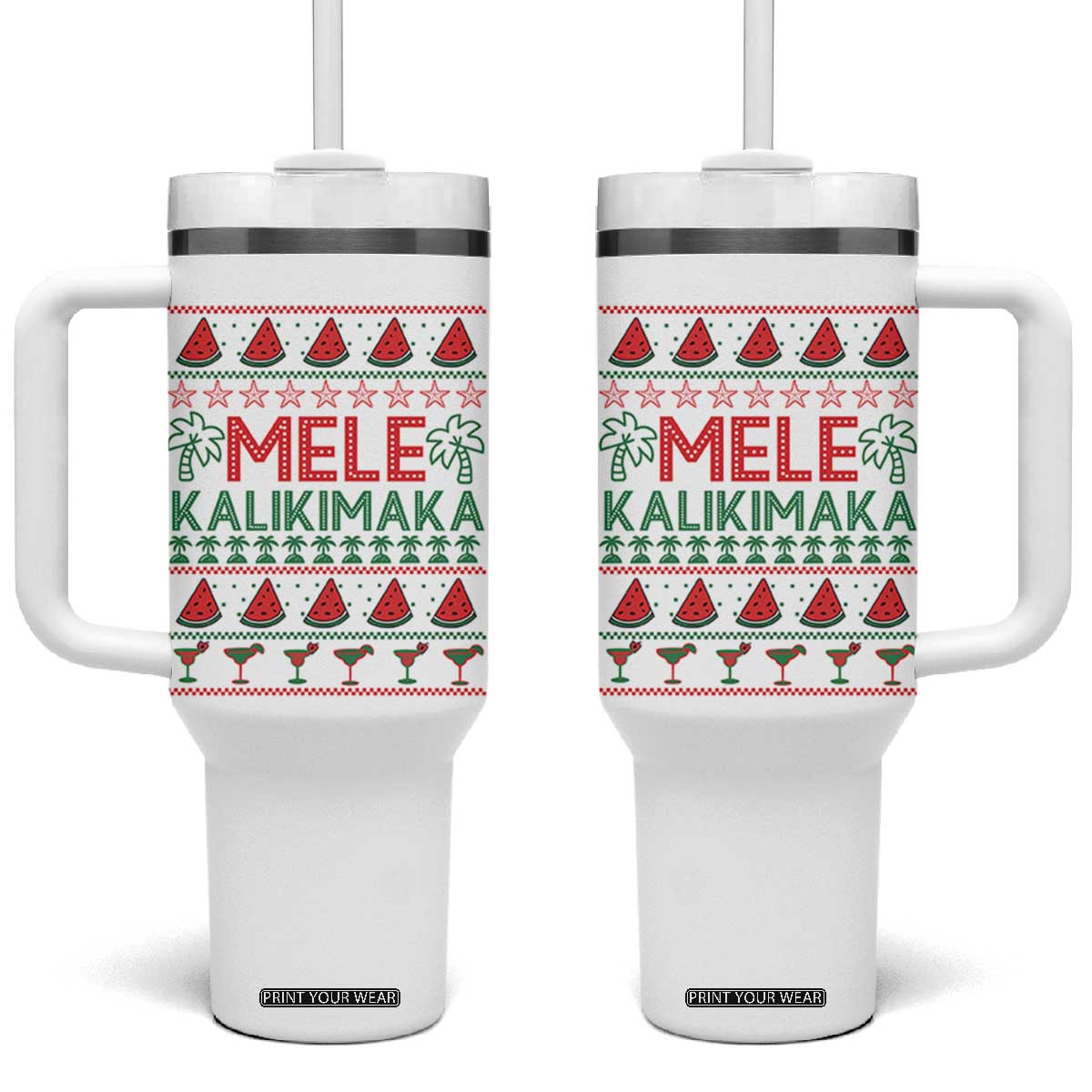 Mele Kalikimaka Tumbler With Handle Hawaiian Ugly Christmas Sweater TS12 One Size: 40 oz White Print Your Wear