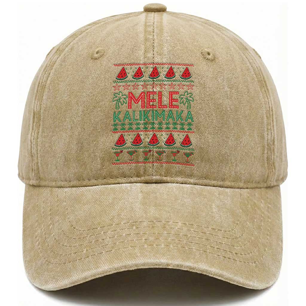 Mele Kalikimaka Washed Cotton Baseball Cap Hawaiian Ugly Christmas Sweater TS12 Print Your Wear