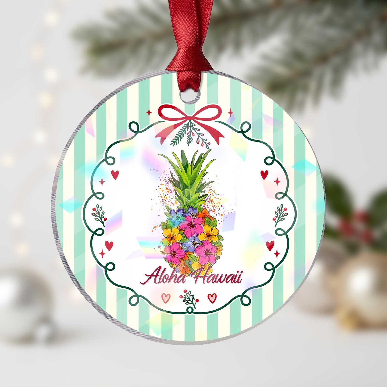 Tropical Floral Pineapple Aloha Hawaii Holographic Acrylic Ornament Hawaiian Island Vacation Graphic