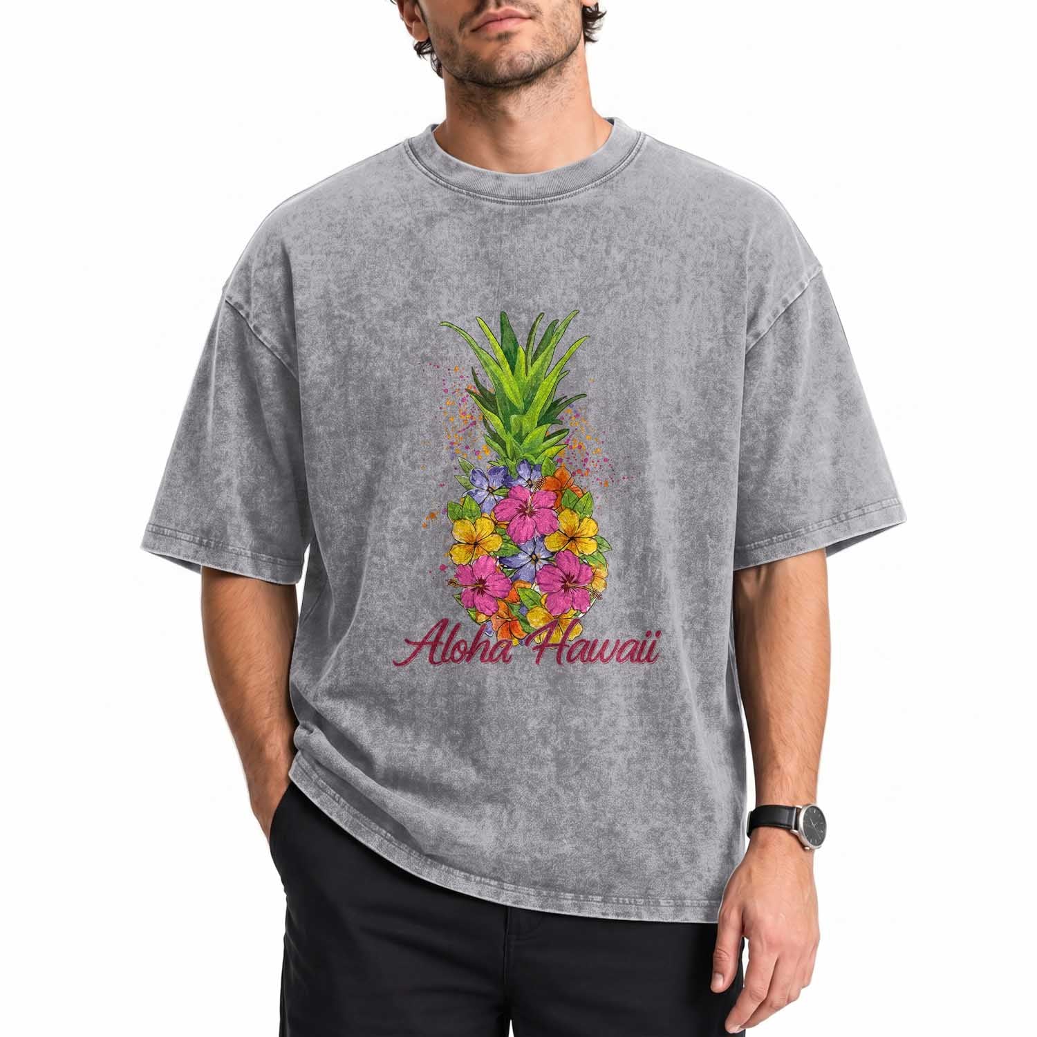 Tropical Floral Pineapple Aloha Hawaii Washed Cotton T-Shirt Hawaiian Island Vacation Graphic