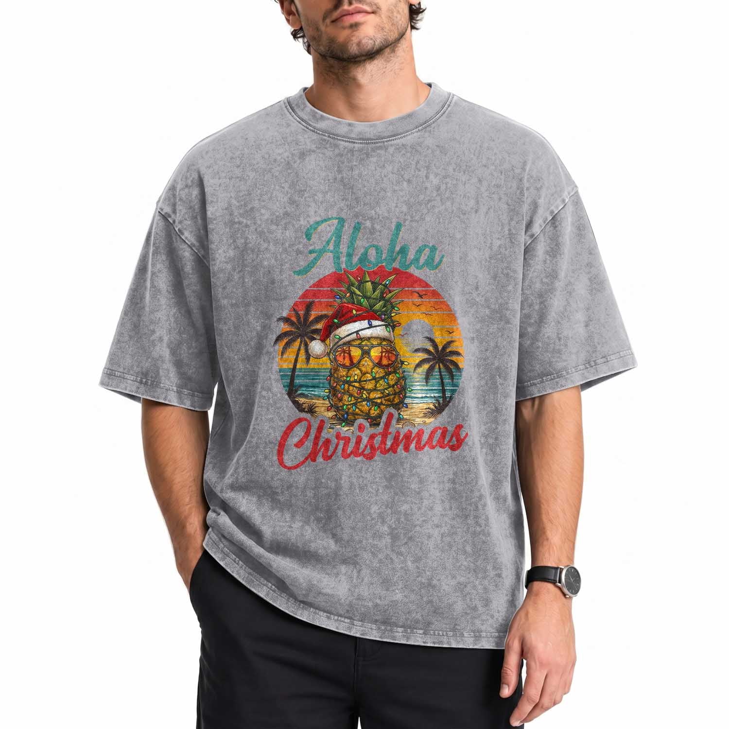 Aloha Tropical Pineapple Christmas Washed Cotton T-Shirt Vintage Beach Xmas Gift