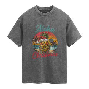 Aloha Tropical Pineapple Christmas Washed Cotton T-Shirt Vintage Beach Xmas Gift