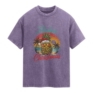Aloha Tropical Pineapple Christmas Washed Cotton T-Shirt Vintage Beach Xmas Gift