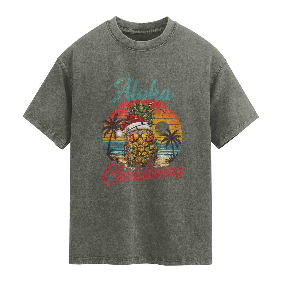 Aloha Tropical Pineapple Christmas Washed Cotton T-Shirt Vintage Beach Xmas Gift