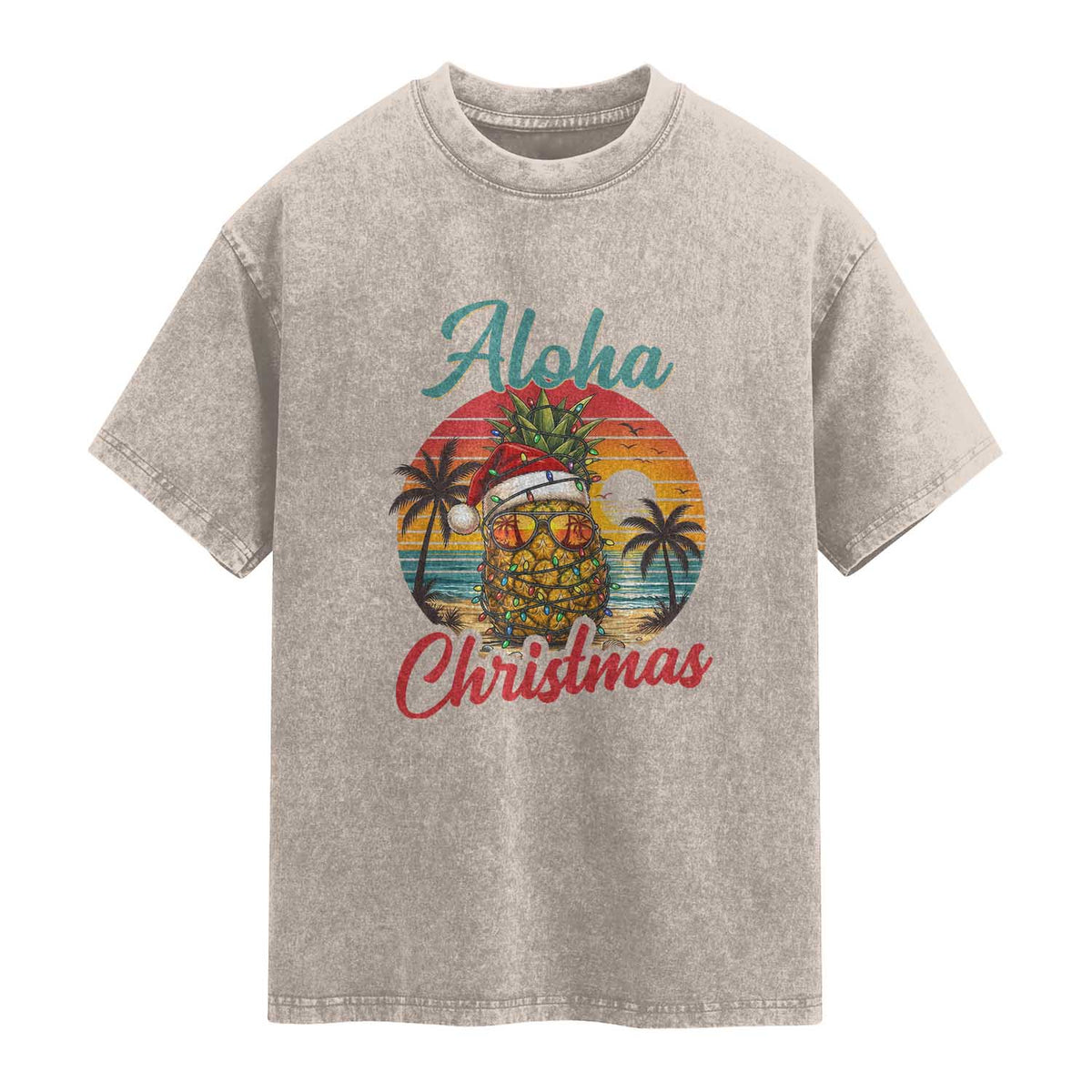 Aloha Tropical Pineapple Christmas Washed Cotton T-Shirt Vintage Beach Xmas Gift